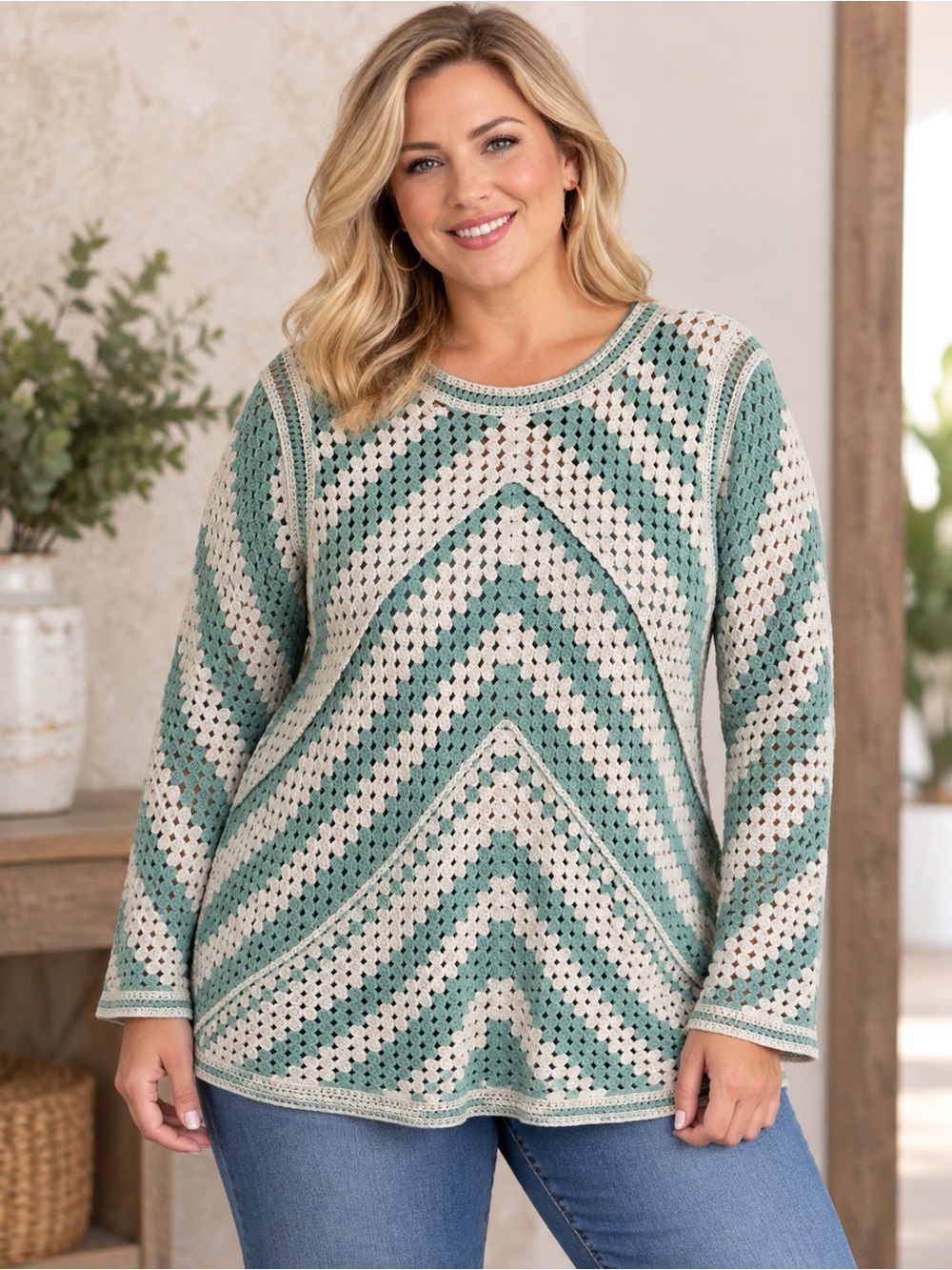 BEAUTIFUL by Lawrence Zarian Crochet Chevron Sweater Aqua Cream